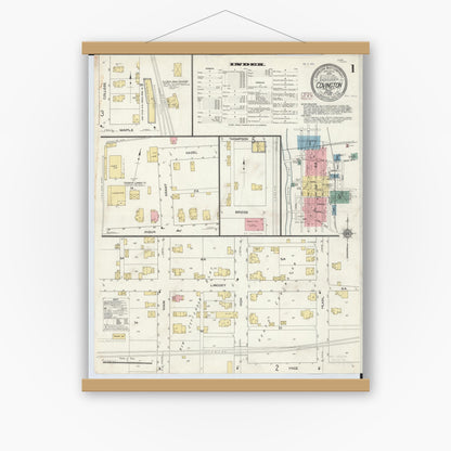 Old map wall art mockup — magnetic wood frame on white wall — Sanborn Fire Insurance Map from Covington, Miami County, Ohio (1910), Sheet #0001