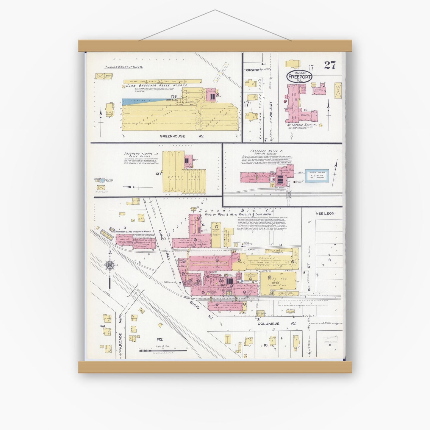 Old map wall art mockup — magnetic wood frame on white wall — Sanborn Fire Insurance Map from Freeport, Stephenson County, Illinois (1918), Sheet #0027