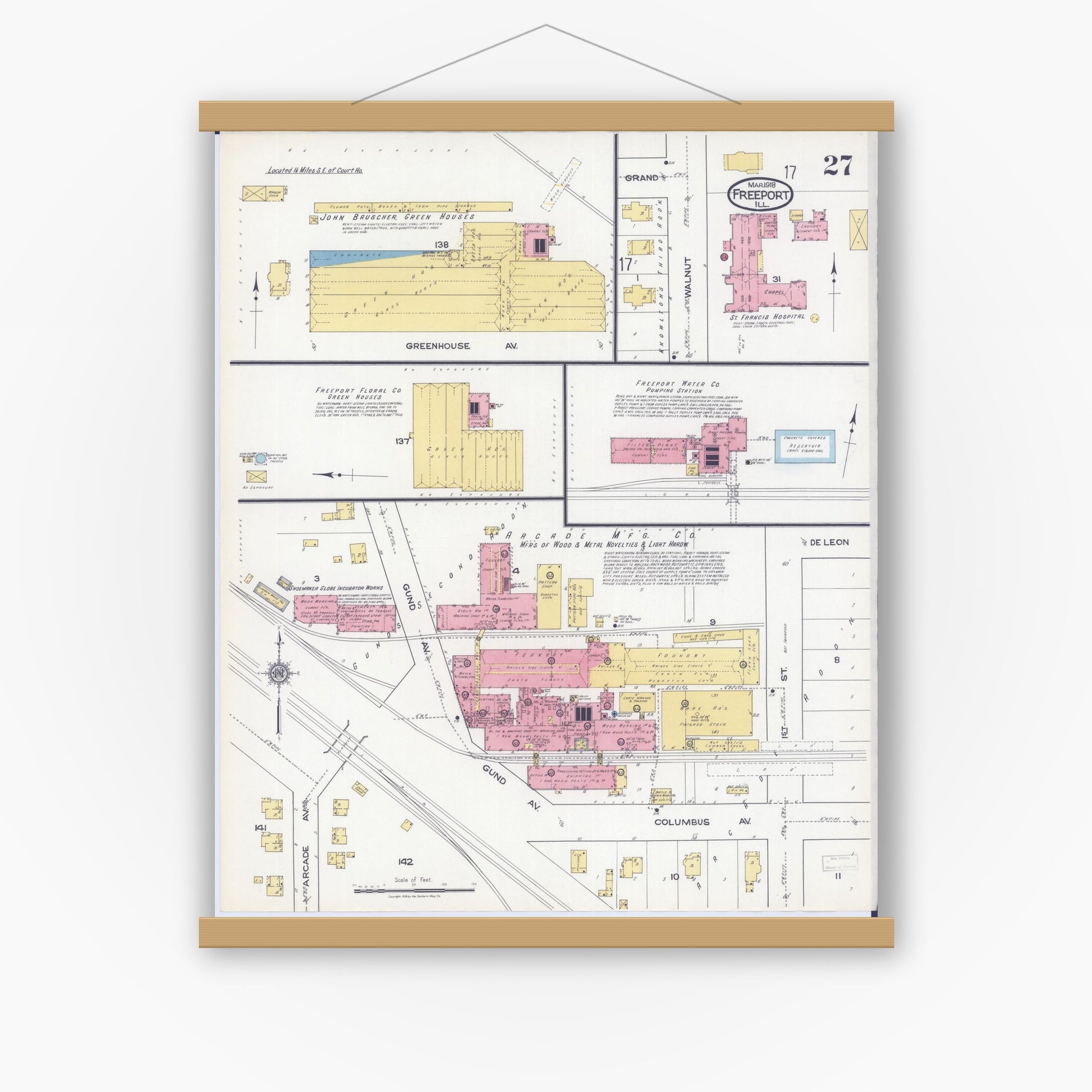 Old map wall art mockup — magnetic wood frame on white wall — Sanborn Fire Insurance Map from Freeport, Stephenson County, Illinois (1918), Sheet #0027