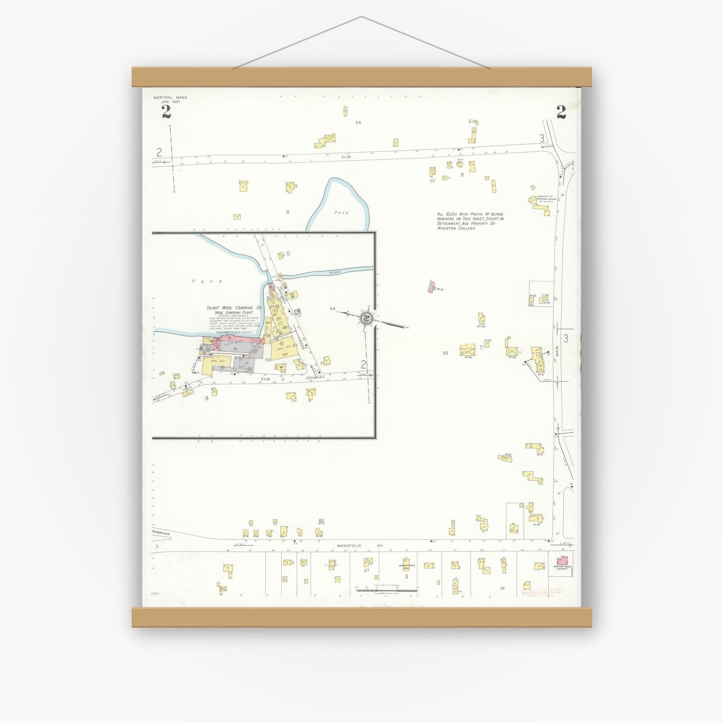Old map wall art mockup — magnetic wood frame on white wall — Sanborn Fire Insurance Map from Norton, Bristol County, Massachusetts (1937), Sheet #0002