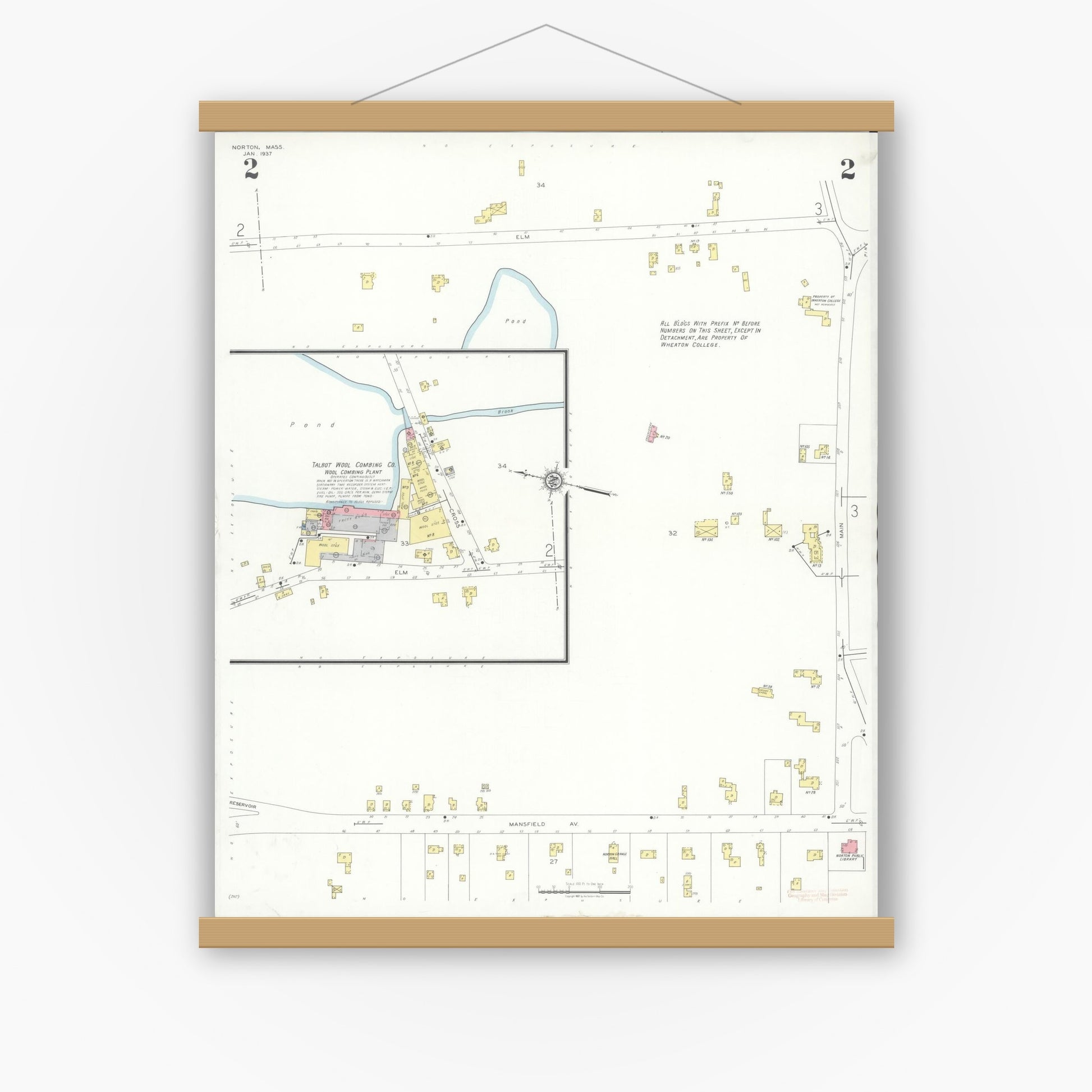 Old map wall art mockup — magnetic wood frame on white wall — Sanborn Fire Insurance Map from Norton, Bristol County, Massachusetts (1937), Sheet #0002
