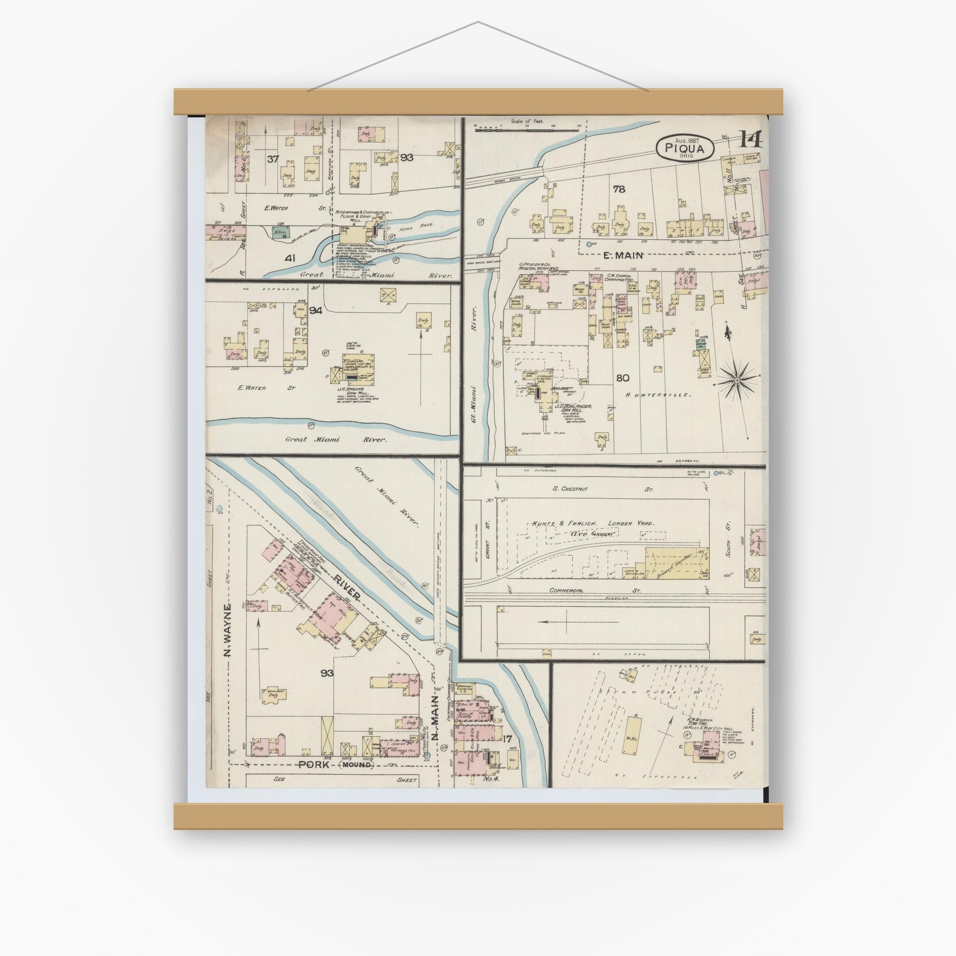 Old map wall art mockup — magnetic wood frame on white wall — Sanborn Fire Insurance Map from Piqua, Miami County, Ohio (1887), Sheet #0014