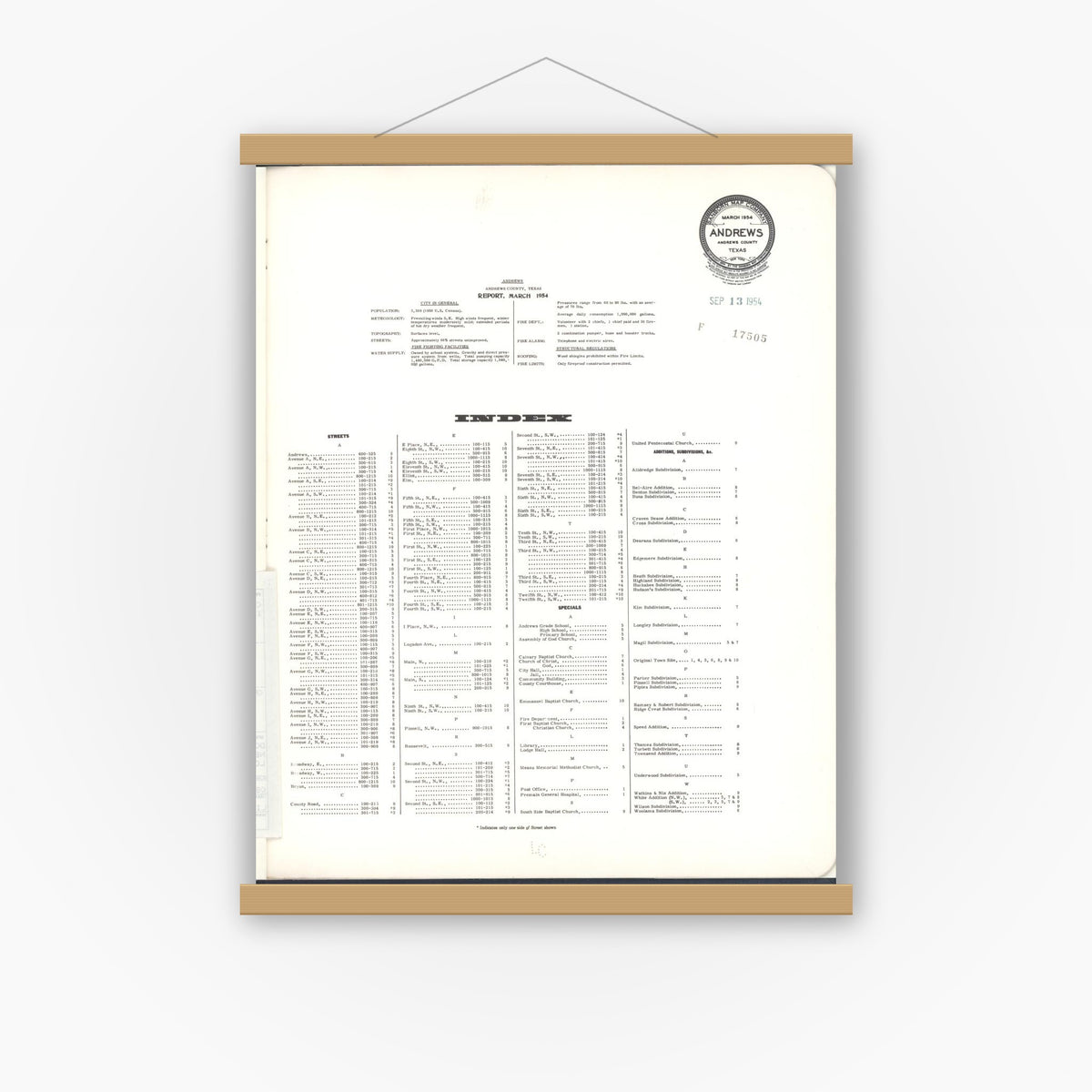 Old map wall art mockup — magnetic wood frame on white wall — Sanborn Fire Insurance Map from Andrews, Andrews County, Texas (1954), Sheet #0001
