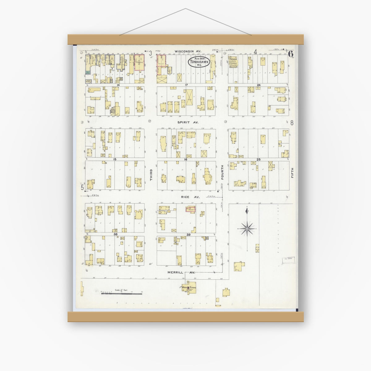 Old map wall art mockup — magnetic wood frame on white wall — Sanborn Fire Insurance Map from Tomahawk, Lincoln County, Wisconsin (1908), Sheet #0006