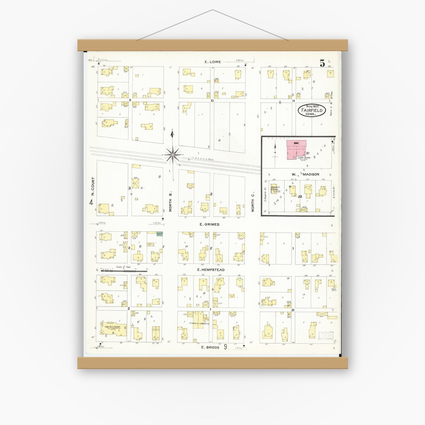 Old map wall art mockup — magnetic wood frame on white wall — Sanborn Fire Insurance Map from Fairfield, Jefferson County, Iowa (1907), Sheet #0005