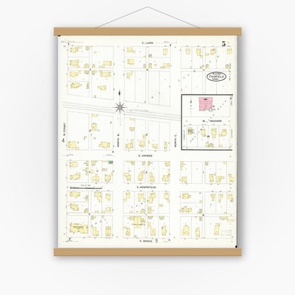Old map wall art mockup — magnetic wood frame on white wall — Sanborn Fire Insurance Map from Fairfield, Jefferson County, Iowa (1907), Sheet #0005