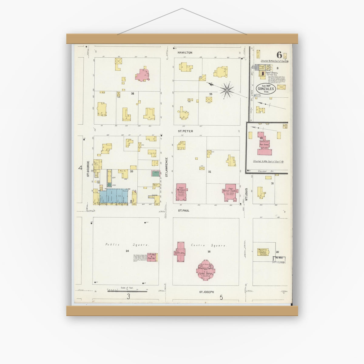 Old map wall art mockup — magnetic wood frame on white wall — Sanborn Fire Insurance Map from Gonzales, Gonzales County, Texas (1907), Sheet #0006