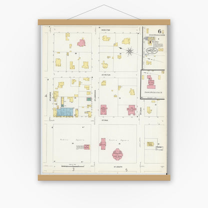 Old map wall art mockup — magnetic wood frame on white wall — Sanborn Fire Insurance Map from Gonzales, Gonzales County, Texas (1907), Sheet #0006