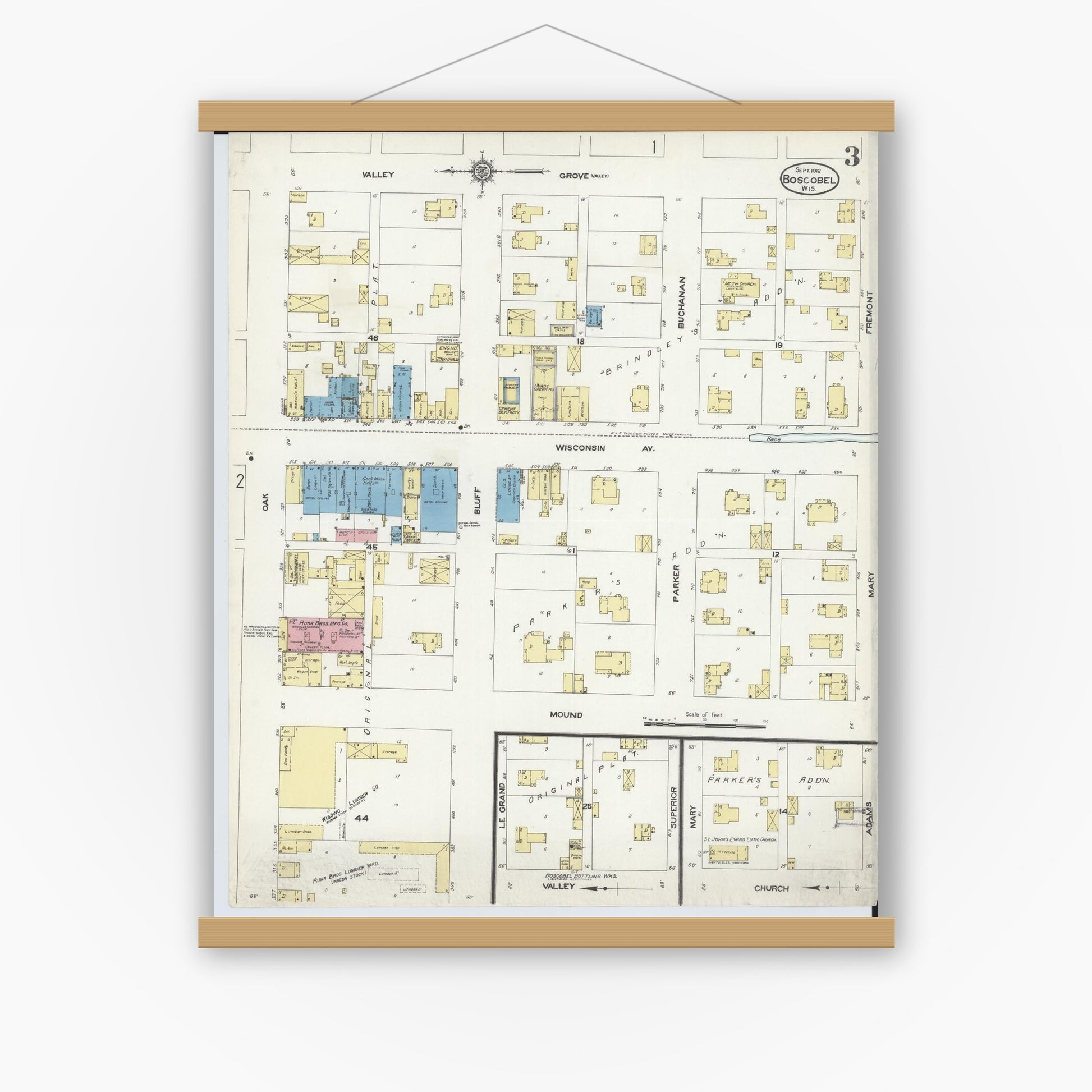 Old map wall art mockup — magnetic wood frame on white wall — Sanborn Fire Insurance Map from Boscobel, Grant County, Wisconsin (1912), Sheet #0003