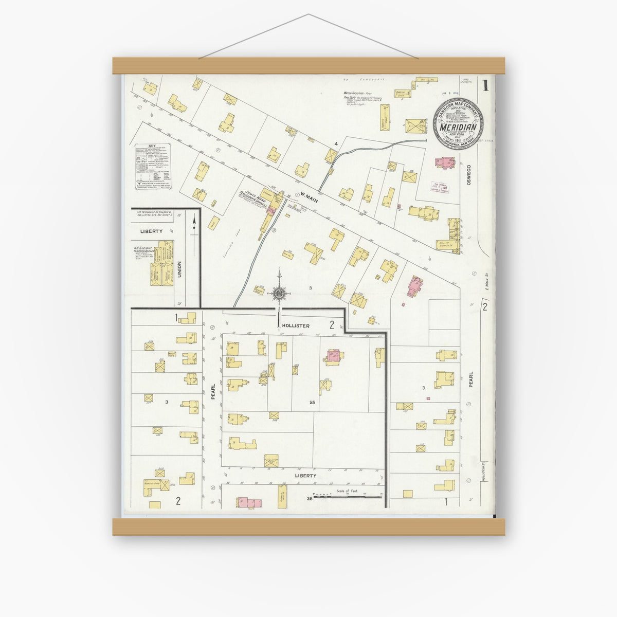 Old map wall art mockup — magnetic wood frame on white wall — Sanborn Fire Insurance Map from Meridian, Cayuga County, New York (1911) - Complete Map Set