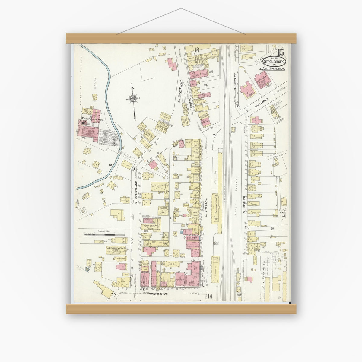 Old map wall art mockup — magnetic wood frame on white wall — Sanborn Fire Insurance Map from Stroudsburg, Monroe County, Pennsylvania (1912), Sheet #0015