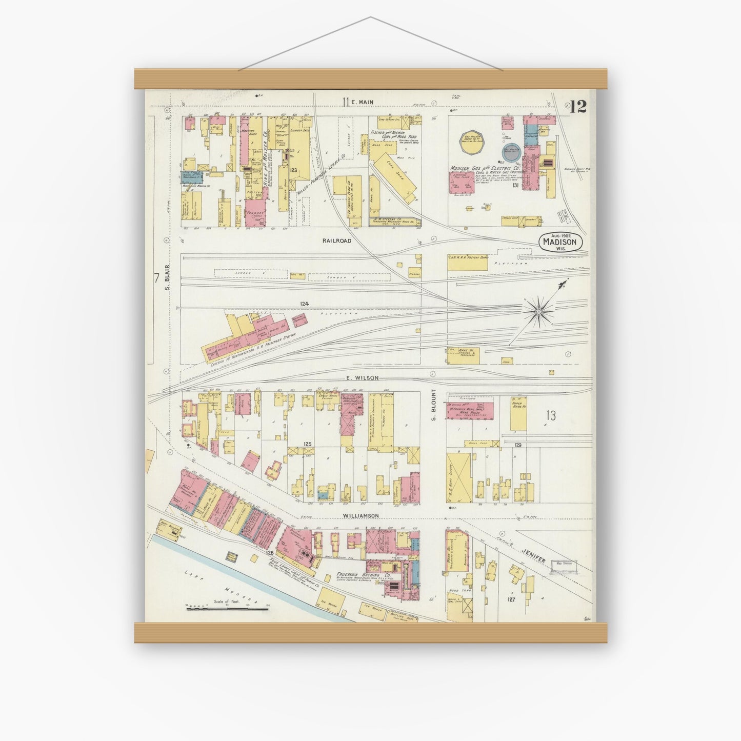 Old map wall art mockup — magnetic wood frame on white wall — Sanborn Fire Insurance Map from Madison, Dane County, Wisconsin (1902), Sheet #0012