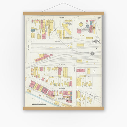 Old map wall art mockup — magnetic wood frame on white wall — Sanborn Fire Insurance Map from Madison, Dane County, Wisconsin (1902), Sheet #0012