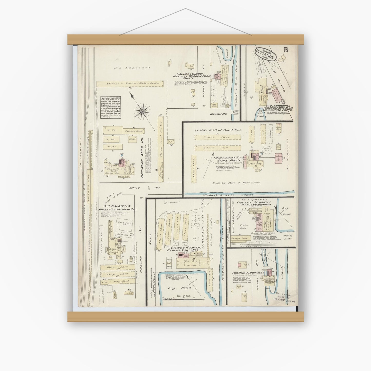 Old map wall art mockup — magnetic wood frame on white wall — Sanborn Fire Insurance Map from Defiance, Defiance County, Ohio (1884), Sheet #0005