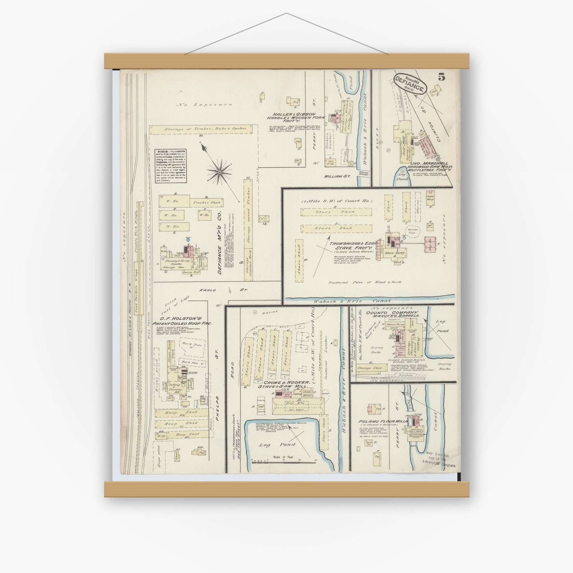 Old map wall art mockup — magnetic wood frame on white wall — Sanborn Fire Insurance Map from Defiance, Defiance County, Ohio (1884), Sheet #0005