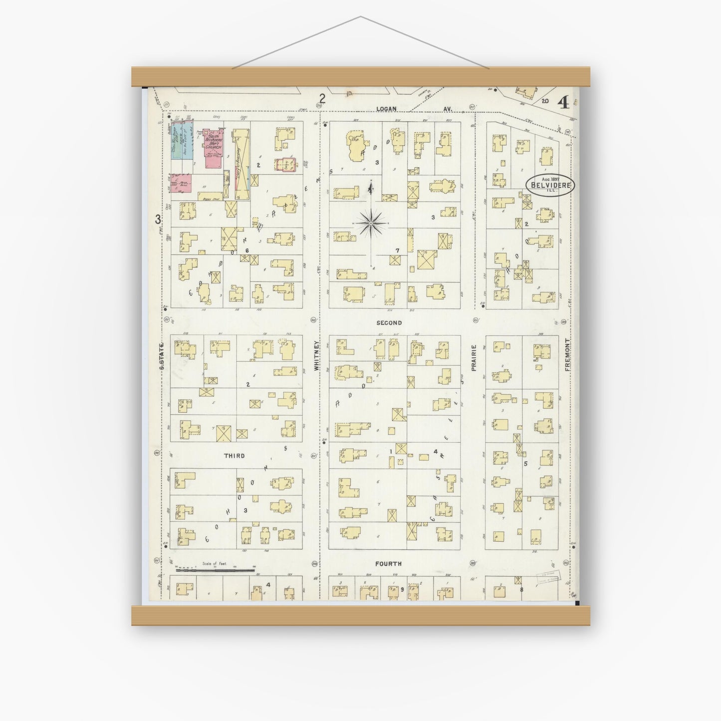 Old map wall art mockup — magnetic wood frame on white wall — Sanborn Fire Insurance Map from Belvidere, Boone County, Illinois (1897), Sheet #0004