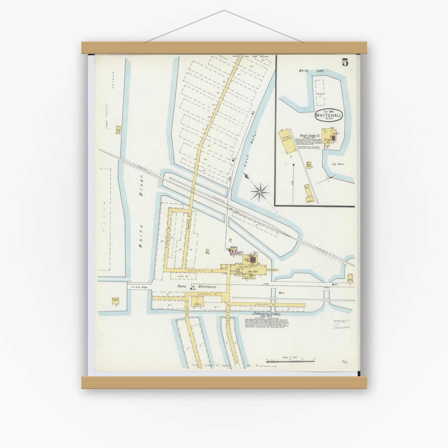 Old map wall art mockup — magnetic wood frame on white wall — Sanborn Fire Insurance Map from Whitehall, Muskegon County, Michigan (1896), Sheet #0005