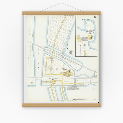 Old map wall art mockup — magnetic wood frame on white wall — Sanborn Fire Insurance Map from Whitehall, Muskegon County, Michigan (1896), Sheet #0005