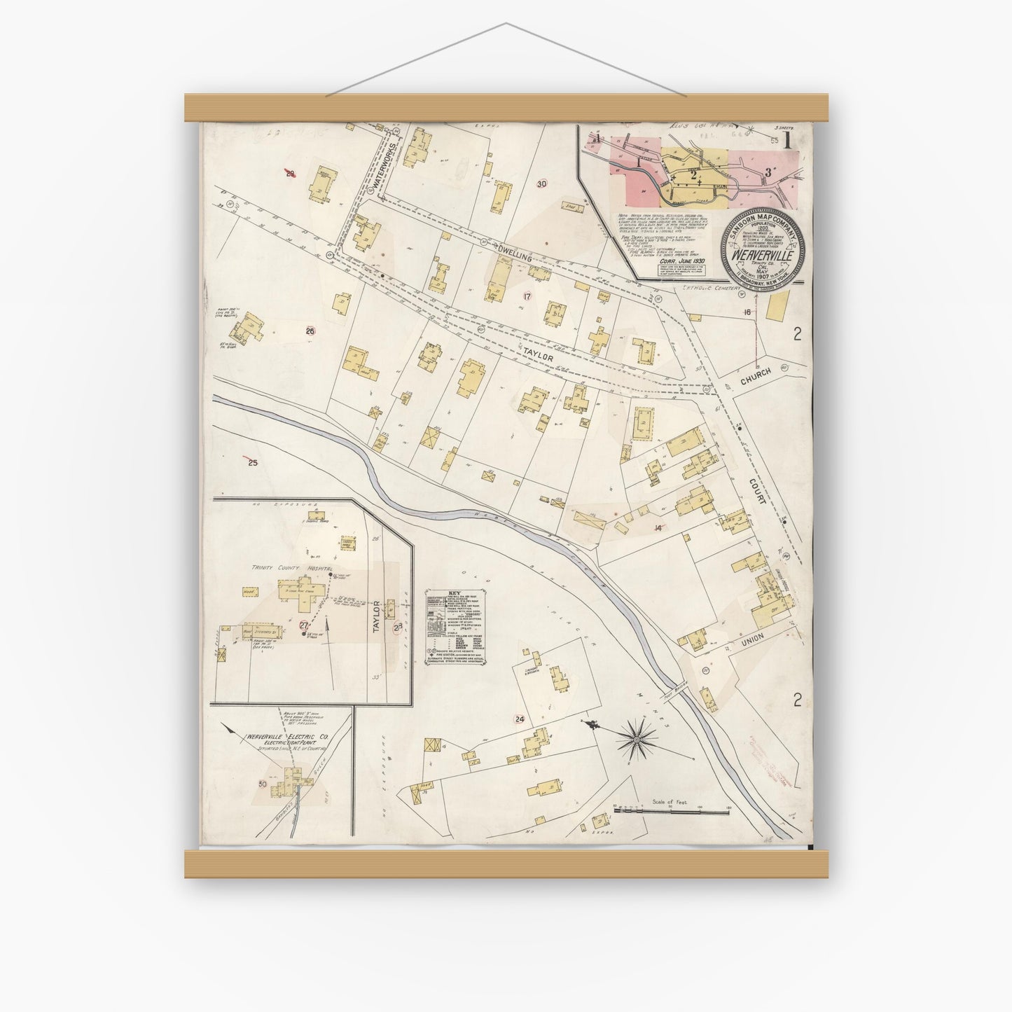 Old map wall art mockup — magnetic wood frame on white wall — Sanborn Fire Insurance Map from Weaverville, Trinity County, California (1930) - Complete Map Set