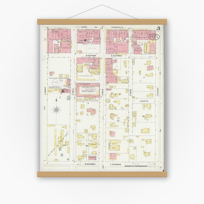 Old map wall art mockup — magnetic wood frame on white wall — Sanborn Fire Insurance Map from Paris, Lamar County, Texas (1897), Sheet #0003
