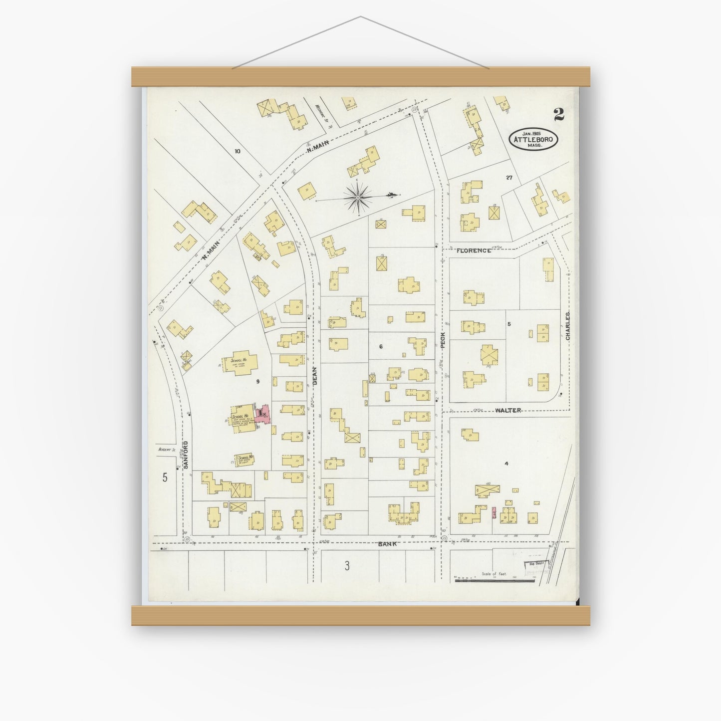 Old map wall art mockup — magnetic wood frame on white wall — Sanborn Fire Insurance Map from Attleboro, Bristol County, Massachusetts (1905), Sheet #0002
