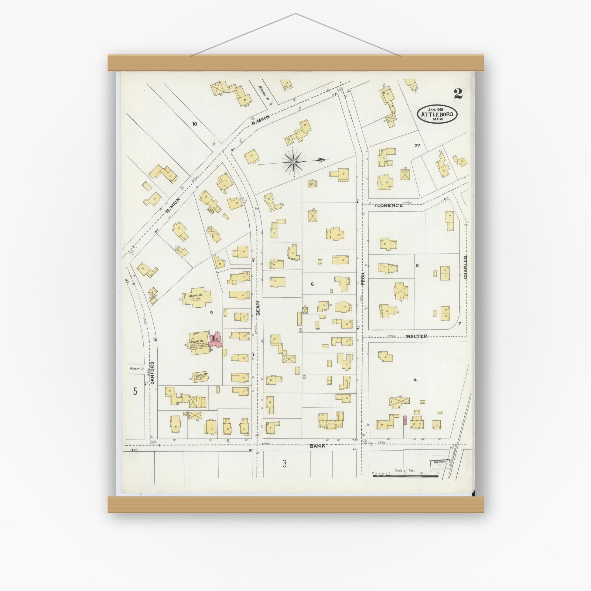 Old map wall art mockup — magnetic wood frame on white wall — Sanborn Fire Insurance Map from Attleboro, Bristol County, Massachusetts (1905), Sheet #0002