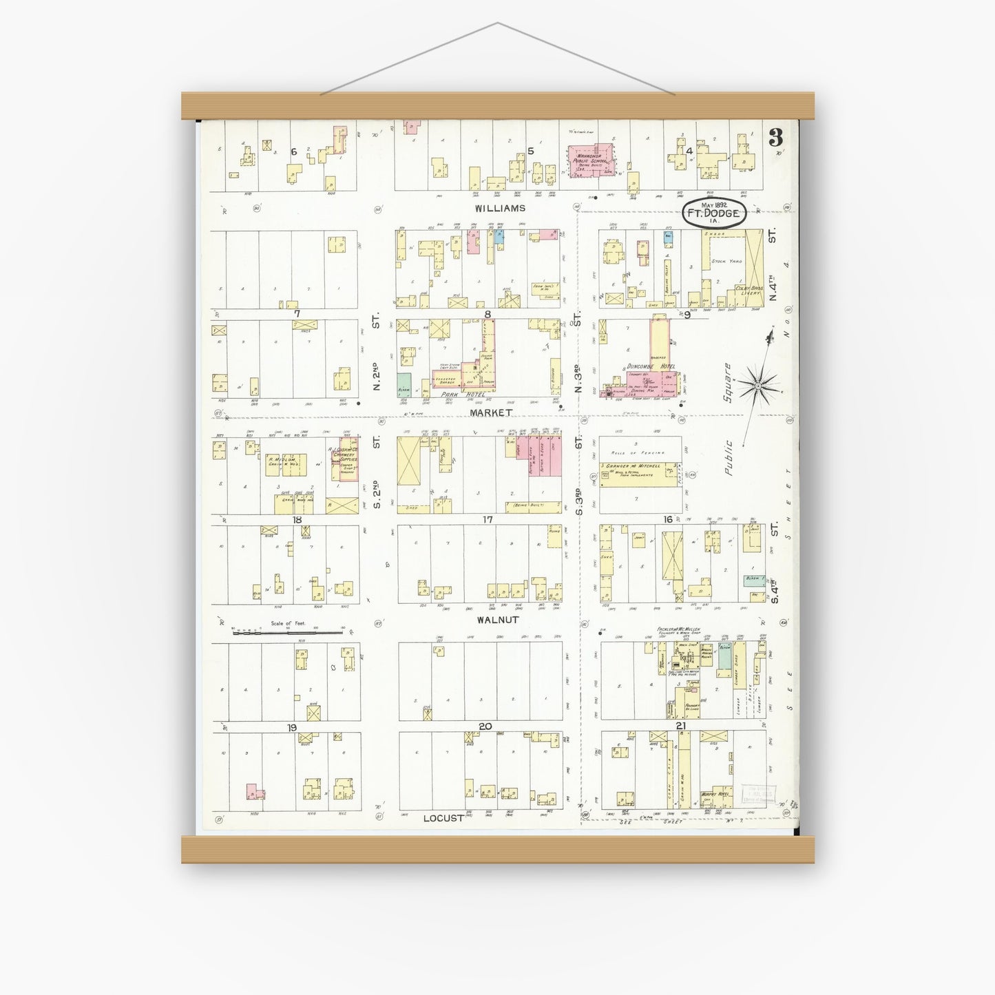 Old map wall art mockup — magnetic wood frame on white wall — Sanborn Fire Insurance Map from Fort Dodge, Webster County, Iowa (1892), Sheet #0003