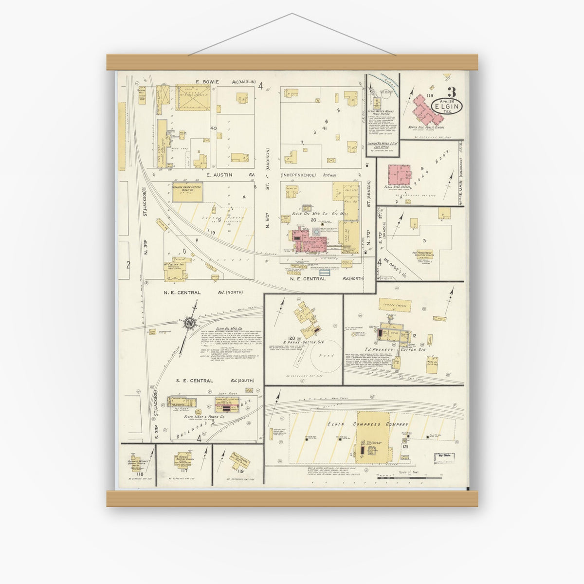 Old map wall art mockup — magnetic wood frame on white wall — Sanborn Fire Insurance Map from Elgin, Bastrop County, Texas (1916), Sheet #0003