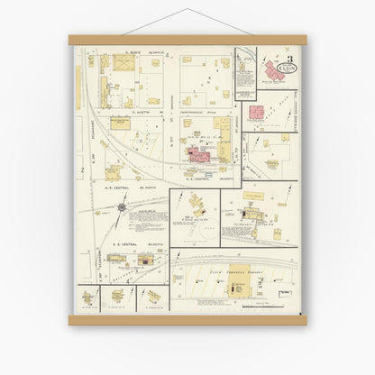 Old map wall art mockup — magnetic wood frame on white wall — Sanborn Fire Insurance Map from Elgin, Bastrop County, Texas (1916), Sheet #0003