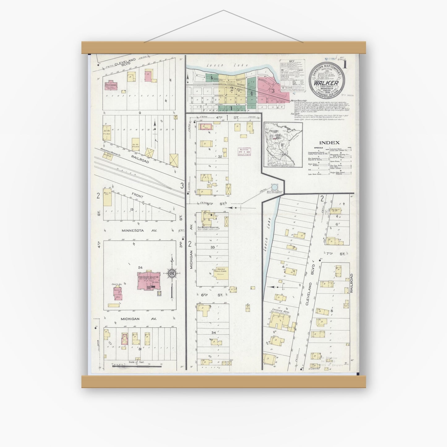 Old map wall art mockup — magnetic wood frame on white wall — Sanborn Fire Insurance Map from Walker, Cass County, Minnesota (1914) - Complete Map Set