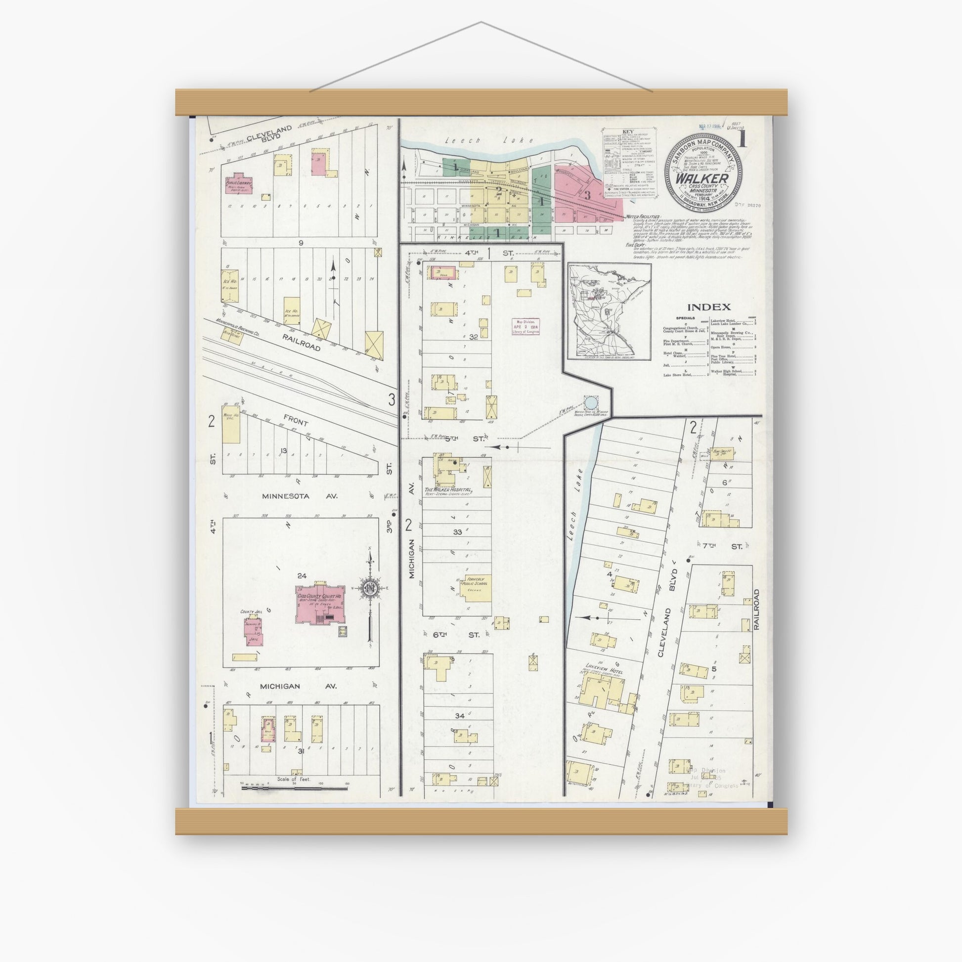 Old map wall art mockup — magnetic wood frame on white wall — Sanborn Fire Insurance Map from Walker, Cass County, Minnesota (1914) - Complete Map Set