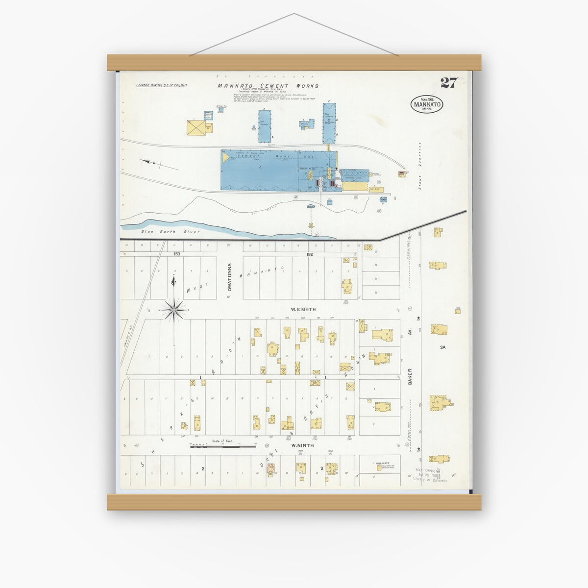 Old map wall art mockup — magnetic wood frame on white wall — Sanborn Fire Insurance Map from Mankato, Blue Earth County, Minnesota (1908), Sheet #0027