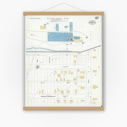 Old map wall art mockup — magnetic wood frame on white wall — Sanborn Fire Insurance Map from Mankato, Blue Earth County, Minnesota (1908), Sheet #0027