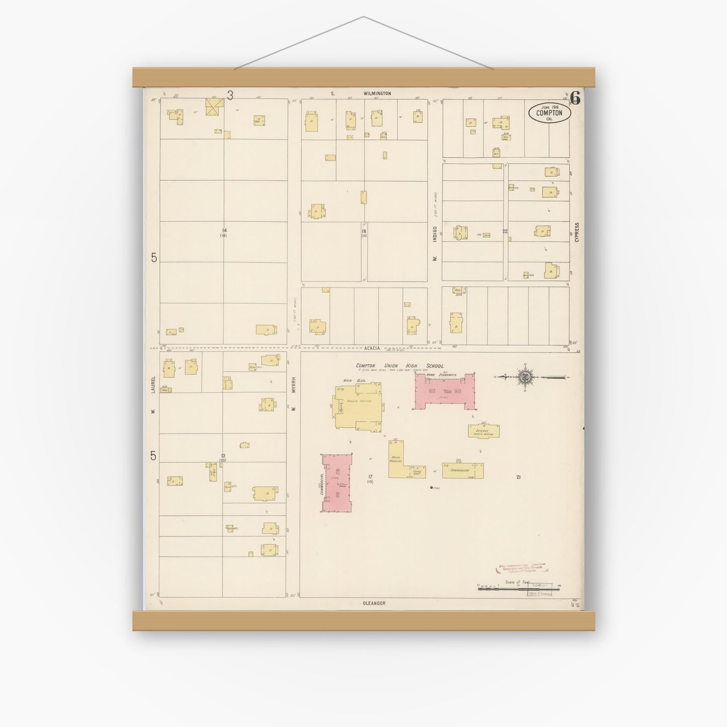 Old map wall art mockup — magnetic wood frame on white wall — Sanborn Fire Insurance Map from Compton, Los Angeles County, California (1916), Sheet #0006