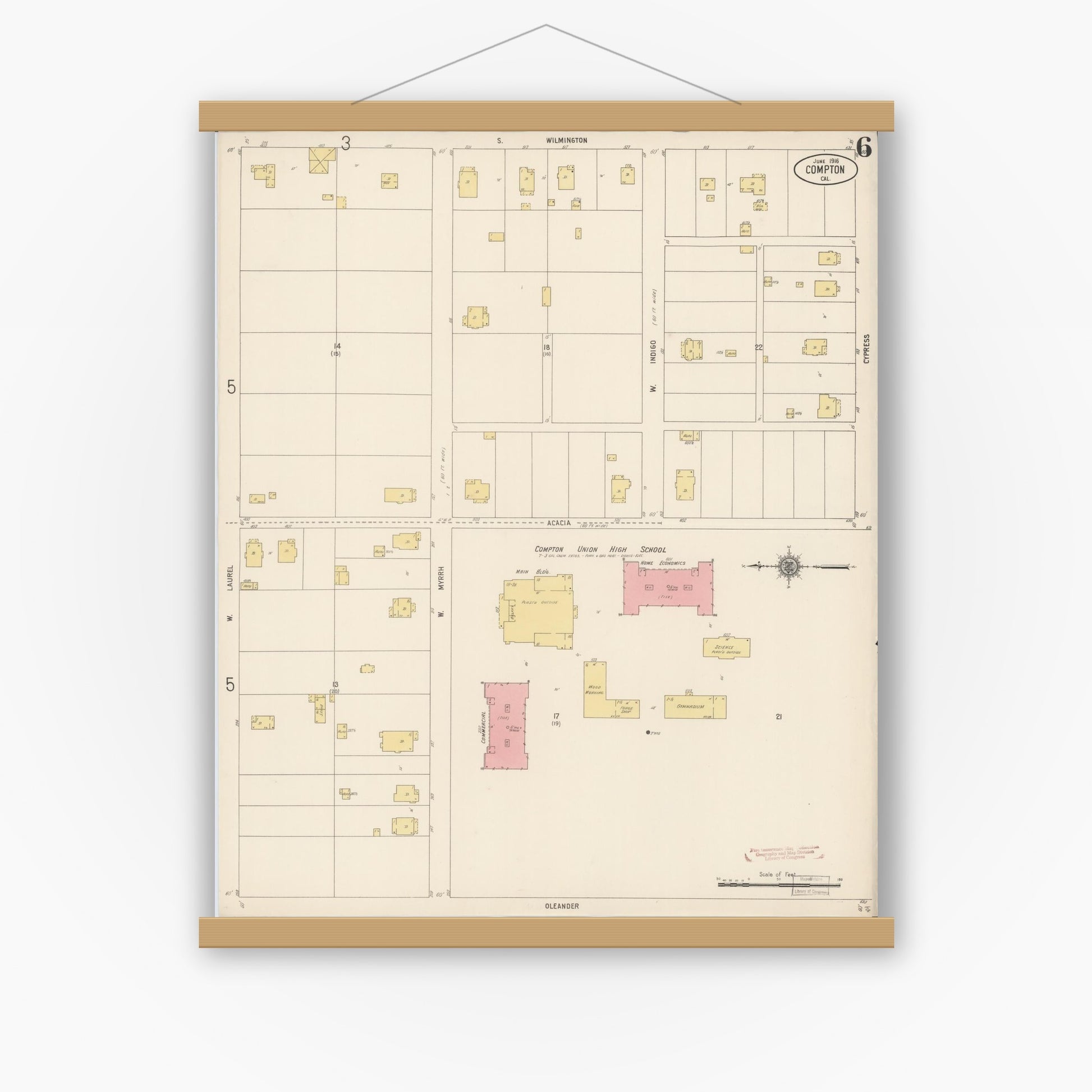 Old map wall art mockup — magnetic wood frame on white wall — Sanborn Fire Insurance Map from Compton, Los Angeles County, California (1916), Sheet #0006