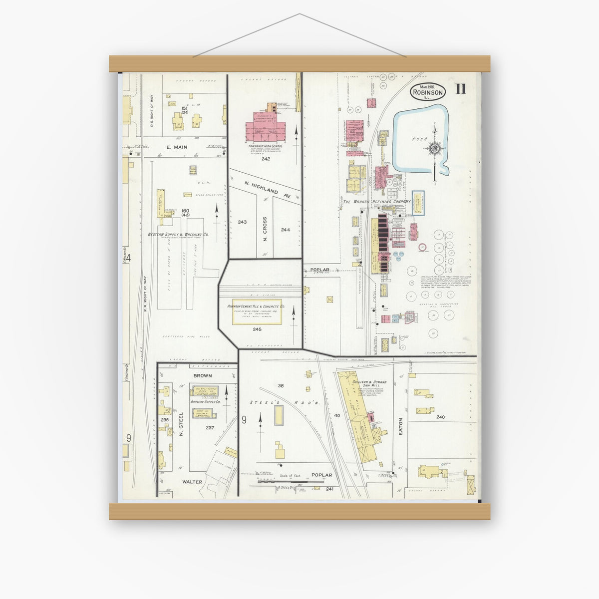 Old map wall art mockup — magnetic wood frame on white wall — Sanborn Fire Insurance Map from Robinson, Crawford County, Illinois (1916), Sheet #0011