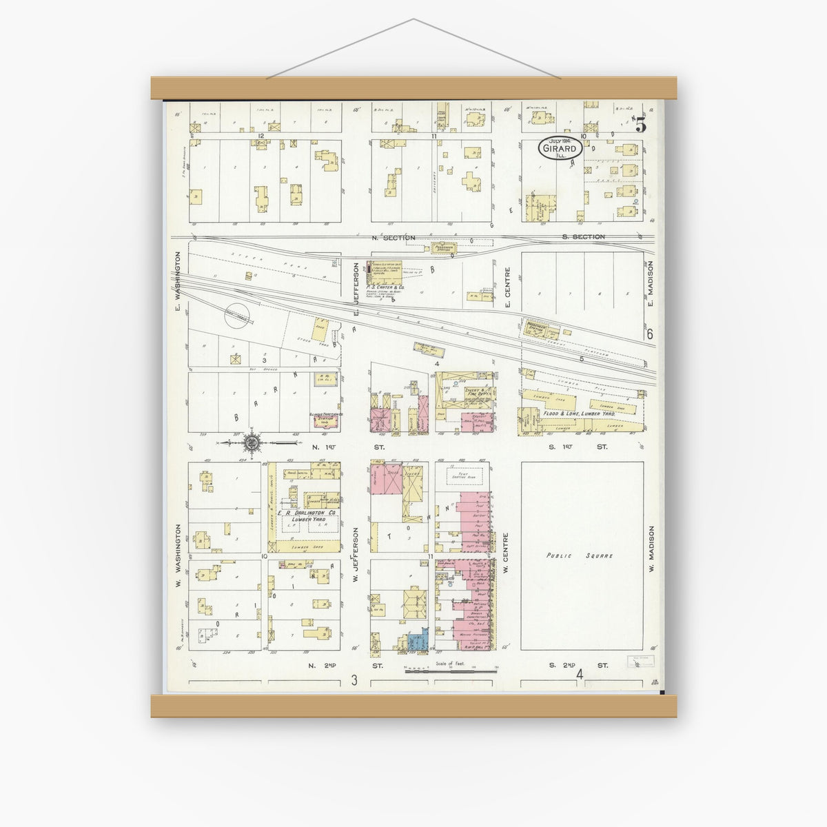 Old map wall art mockup — magnetic wood frame on white wall — Sanborn Fire Insurance Map from Girard, Macoupin County, Illinois (1914), Sheet #0005