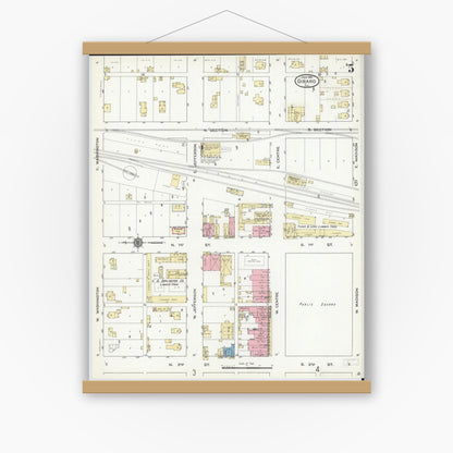 Old map wall art mockup — magnetic wood frame on white wall — Sanborn Fire Insurance Map from Girard, Macoupin County, Illinois (1914), Sheet #0005