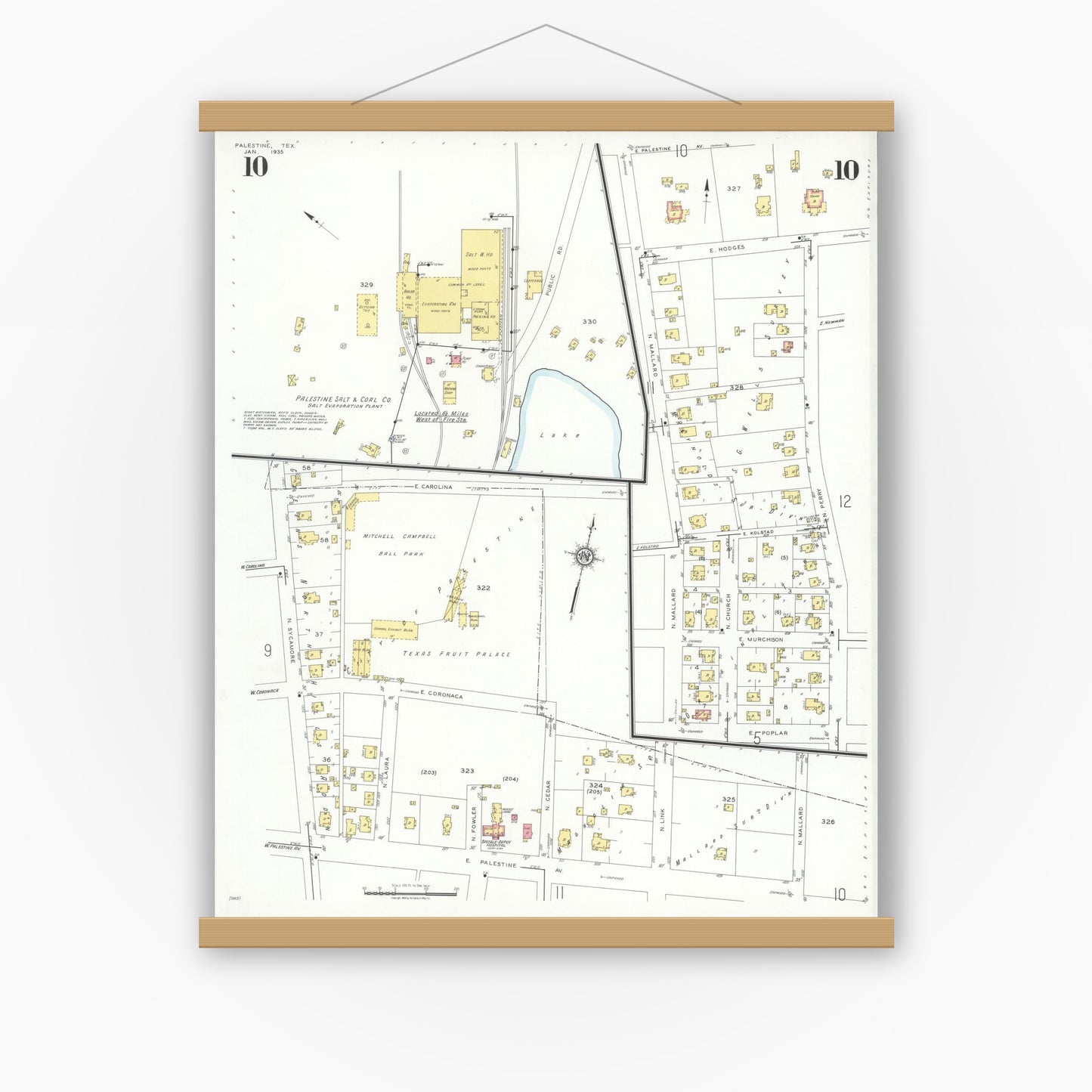 Old map wall art mockup — magnetic wood frame on white wall — Sanborn Fire Insurance Map from Palestine, Anderson County, Texas (1935), Sheet #0010