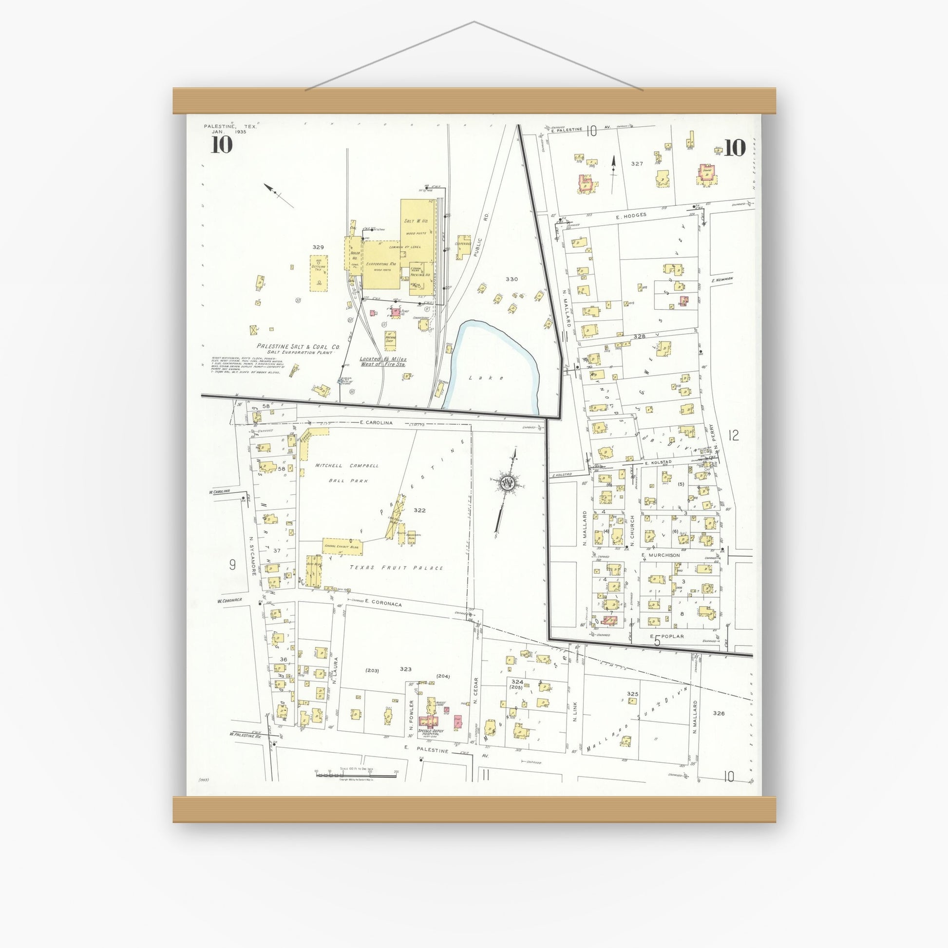 Old map wall art mockup — magnetic wood frame on white wall — Sanborn Fire Insurance Map from Palestine, Anderson County, Texas (1935), Sheet #0010