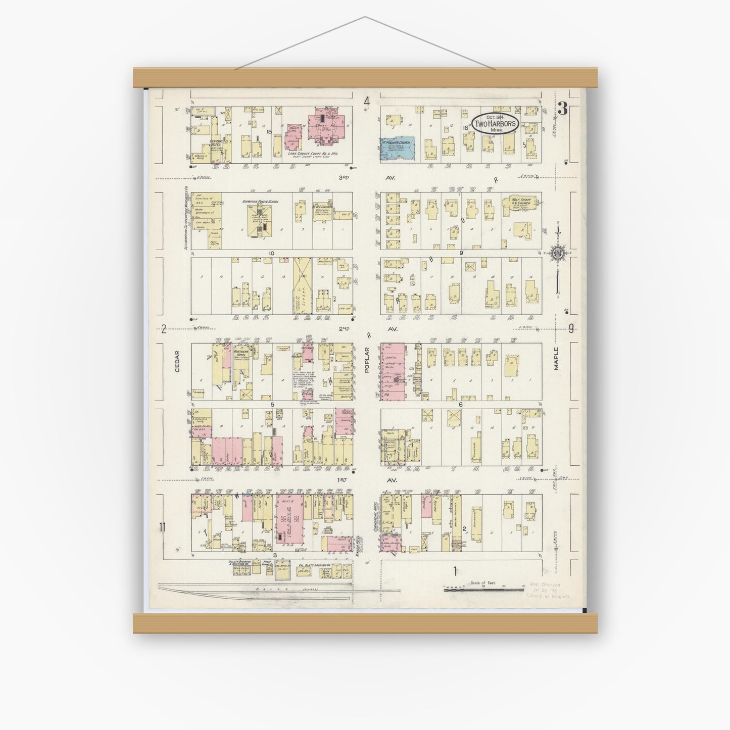Old map wall art mockup — magnetic wood frame on white wall — Sanborn Fire Insurance Map from Two Harbors, Lake County, Minnesota (1914), Sheet #0003