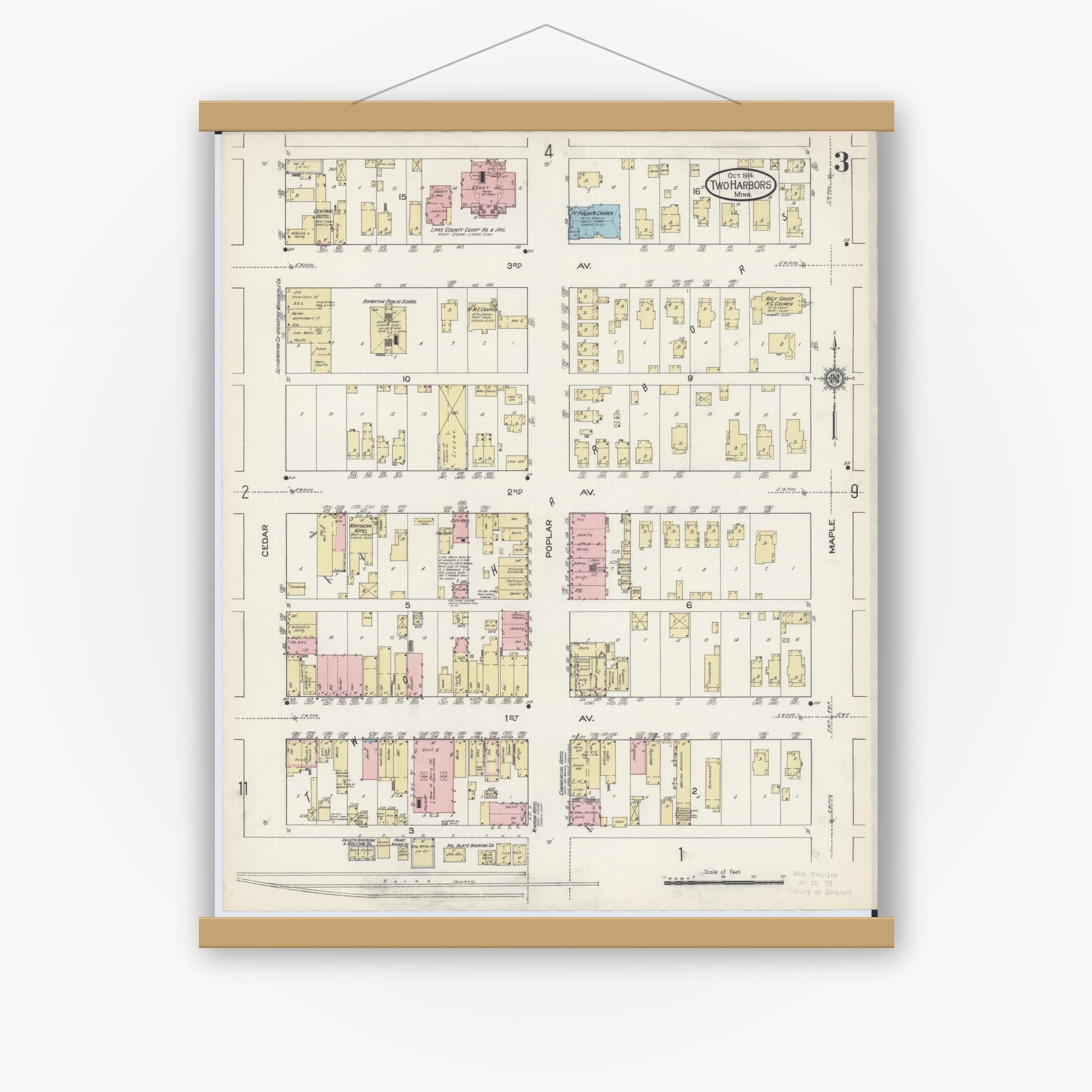 Old map wall art mockup — magnetic wood frame on white wall — Sanborn Fire Insurance Map from Two Harbors, Lake County, Minnesota (1914), Sheet #0003