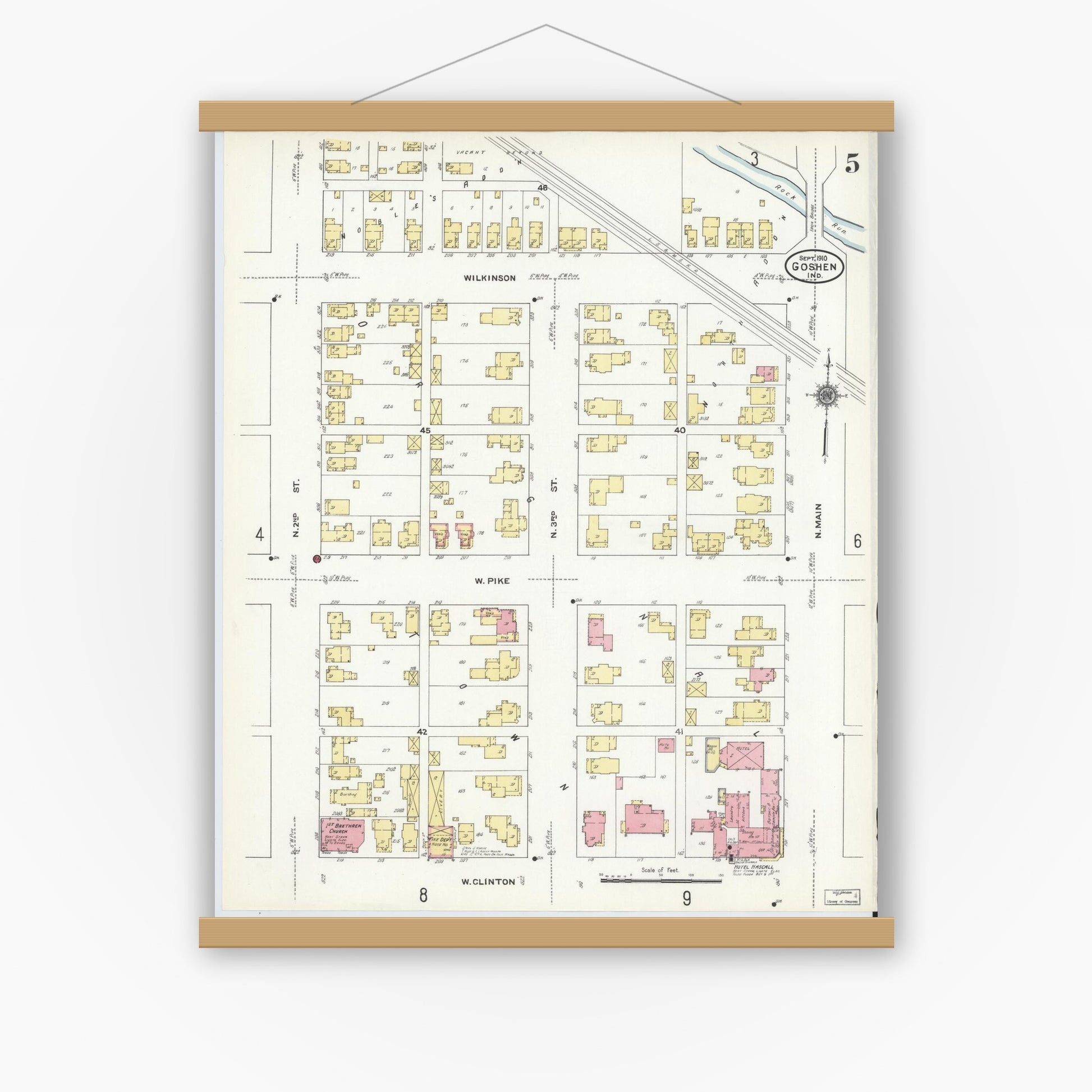 Old map wall art mockup — magnetic wood frame on white wall — Sanborn Fire Insurance Map from Goshen, Elkhart County, Indiana (1910), Sheet #0005