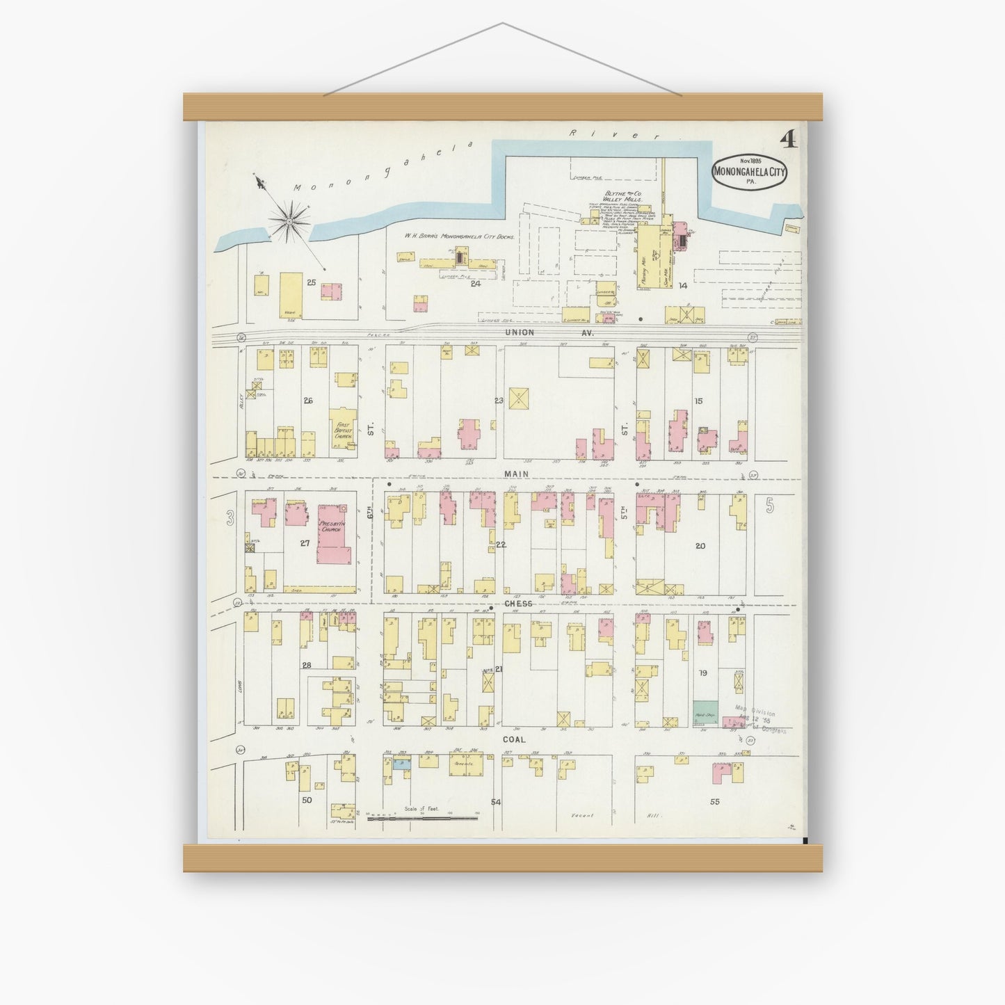 Old map wall art mockup — magnetic wood frame on white wall — Sanborn Fire Insurance Map from Monongahela City, Washington County, Pennsylvania (1895), Sheet #0004