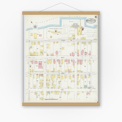 Old map wall art mockup — magnetic wood frame on white wall — Sanborn Fire Insurance Map from Monongahela City, Washington County, Pennsylvania (1895), Sheet #0004