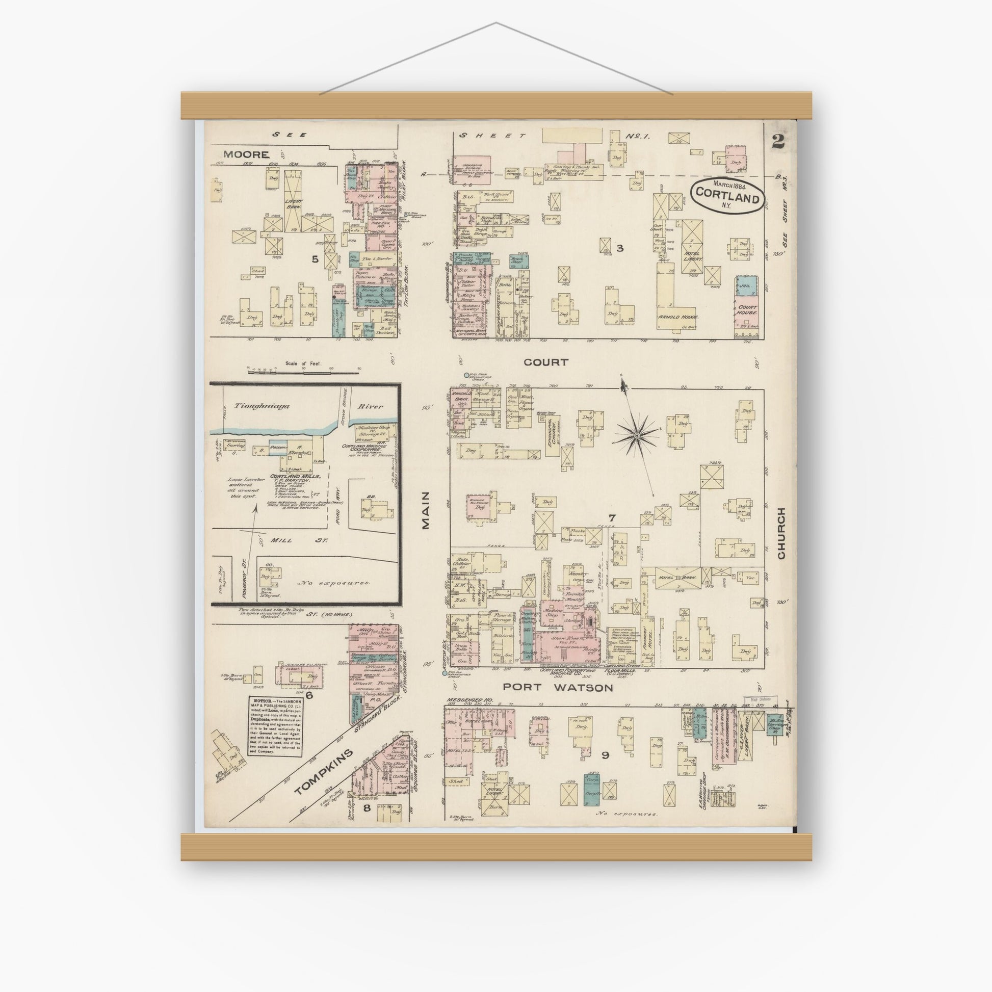Old map wall art mockup — magnetic wood frame on white wall — Sanborn Fire Insurance Map from Cortland, Cortland County, New York (1884), Sheet #0002