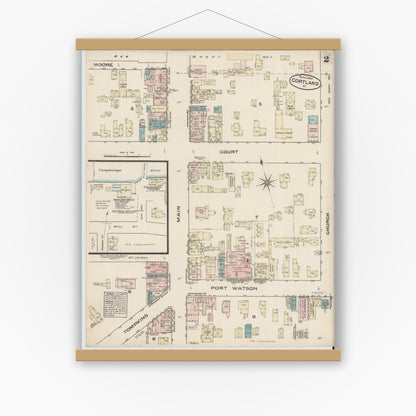 Old map wall art mockup — magnetic wood frame on white wall — Sanborn Fire Insurance Map from Cortland, Cortland County, New York (1884), Sheet #0002