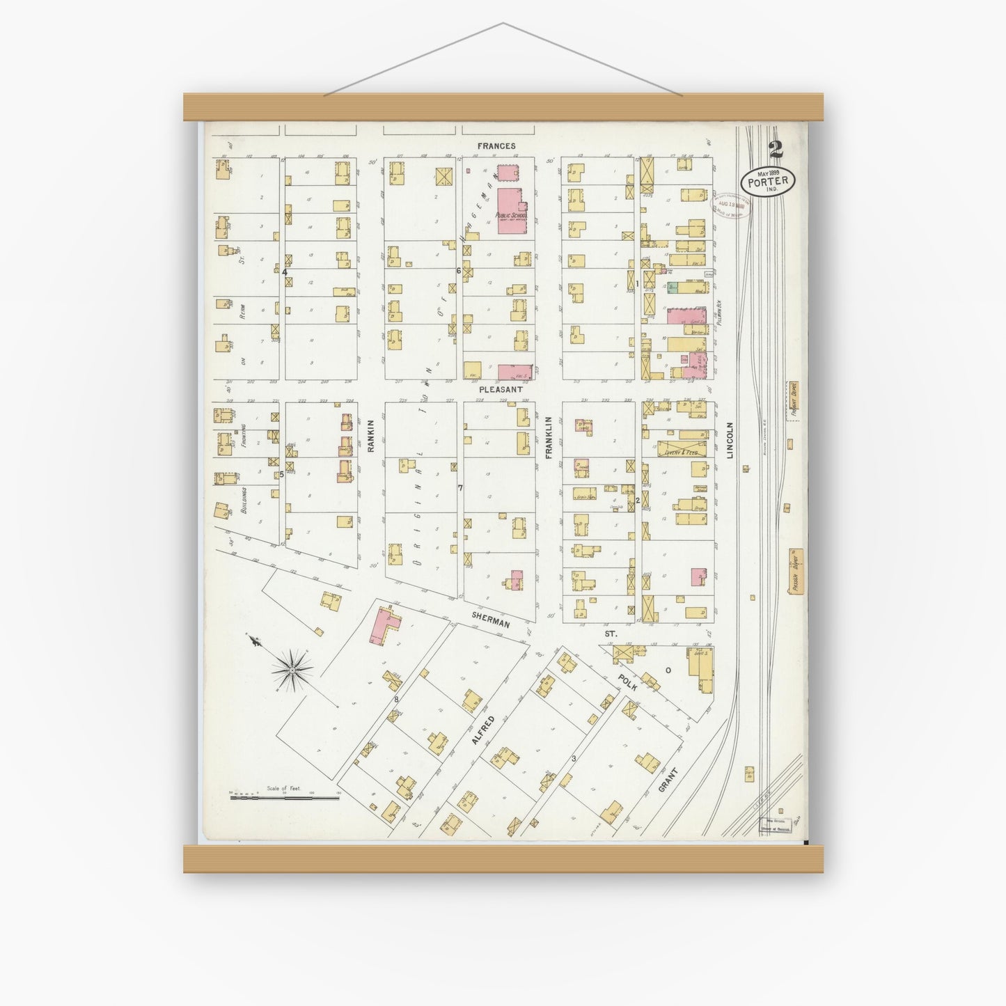 Old map wall art mockup — magnetic wood frame on white wall — Sanborn Fire Insurance Map from Porter, Porter County, Indiana (1899), Sheet #0002