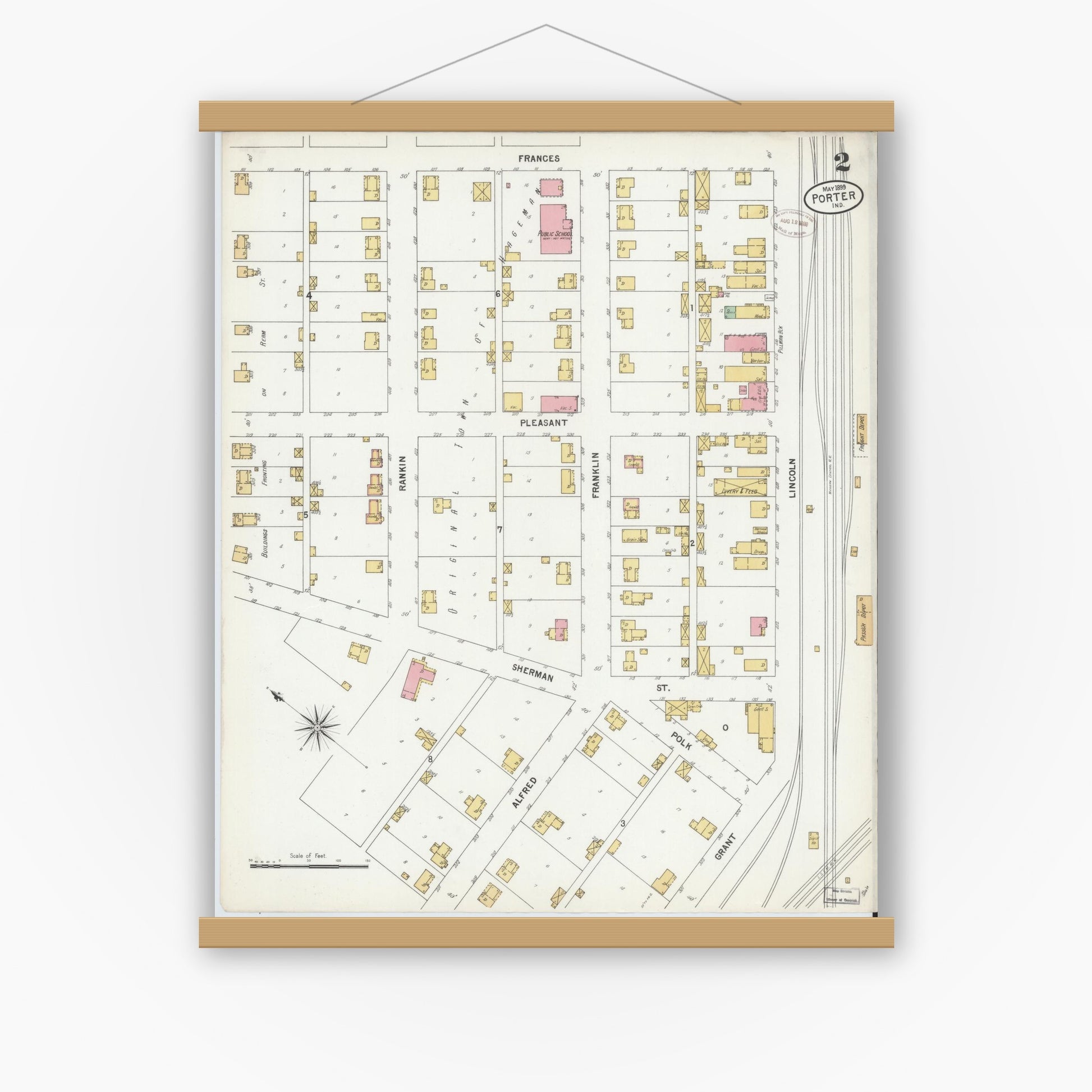 Old map wall art mockup — magnetic wood frame on white wall — Sanborn Fire Insurance Map from Porter, Porter County, Indiana (1899), Sheet #0002