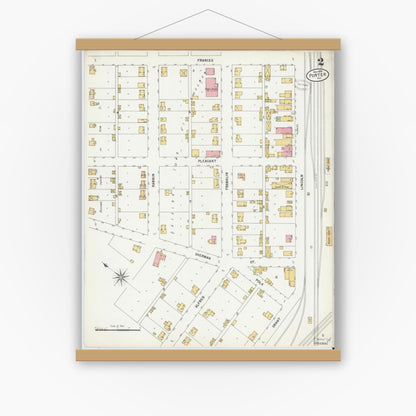 Old map wall art mockup — magnetic wood frame on white wall — Sanborn Fire Insurance Map from Porter, Porter County, Indiana (1899), Sheet #0002